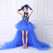 Шикарные Вечерние платья для девочек, расшитые блестками, ярко-синего цвета, с цветочным рисунком, платье-пачка для девочек со шлейфом, детская одежда из тюля