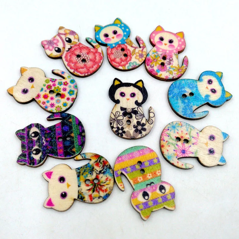 

100Pcs/lot Natural Wooden Buttons Cute Cat Shape Decorative Sewing Buttons 2 Holes Scrapbooking Crafts DIY 30x20mm