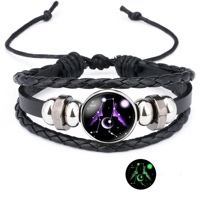 NIUYITID 12 Constellation Bracelet For Women Unisex Leather Jewelry Adjustable Luminous Universe Horoscope Male Boy Gift (14)