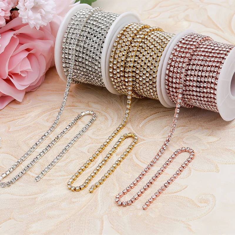 

YANSTAR 10Yards Single Row Hot fix Rhinestone Cup Chain SS12 Setting Close Set Rhinestone Chain Gold Rose Gold YS972