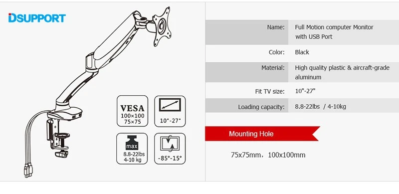 D5 Desktop весна газа 1"-27" ЖК-дисплей LED Держатели мониторов Компьютер Крепление руку с 2 USB порты и разъёмы загрузки 2-6.5kgs