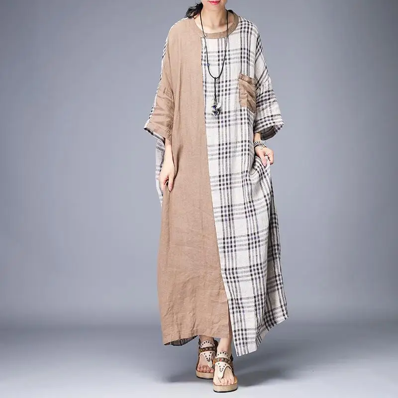 

Johnature 2019 New Clothes Summer Dress Casual Plaid Loose Batwing Sleeve Mid-calf Length O-neck Cotton Linen Women Dress