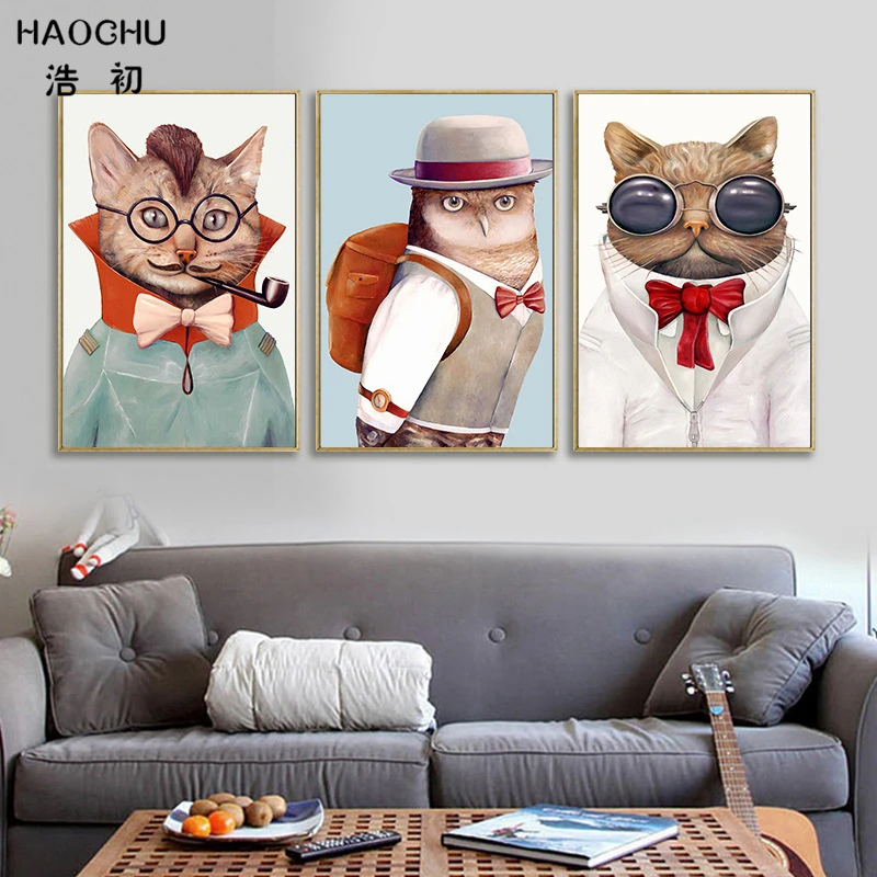 

HAOCHU Nordic Fashion Animal Kawaii Cat Dog Pet Creative Canvas Painting TV Wall Poster Children's Room Decor Cartoon Figure