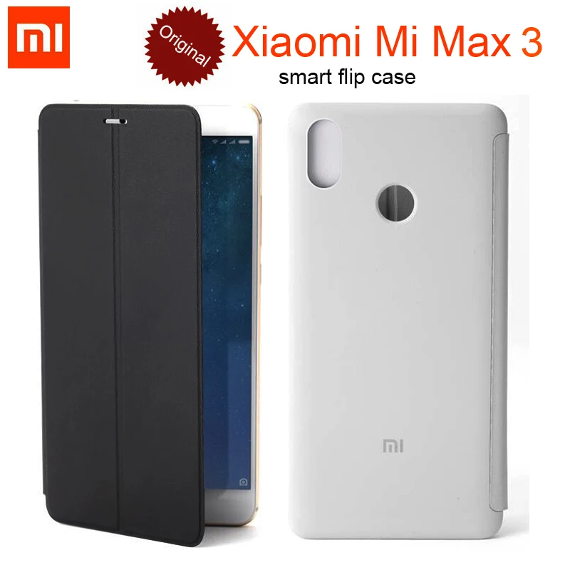 100% Original Xiaomi Mi Max 3 Case 2 Smart Flip Leather Cover genuine / Xiaomi Mi Max 3 MAX3 Tempered Glass Protector Film
