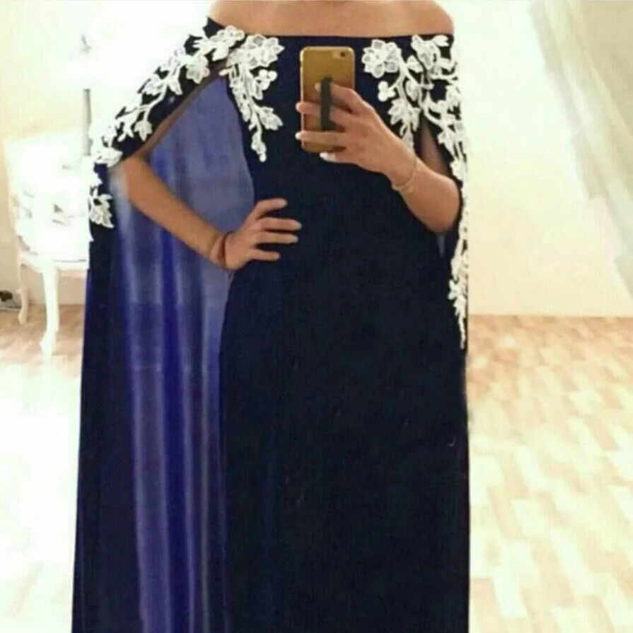 

Dark Blue With Cape Dubai Kaftan Dressed Boat Neck Appliques Evening dresses Long Formal Dress Prom Gowns Vestido de noche 2017
