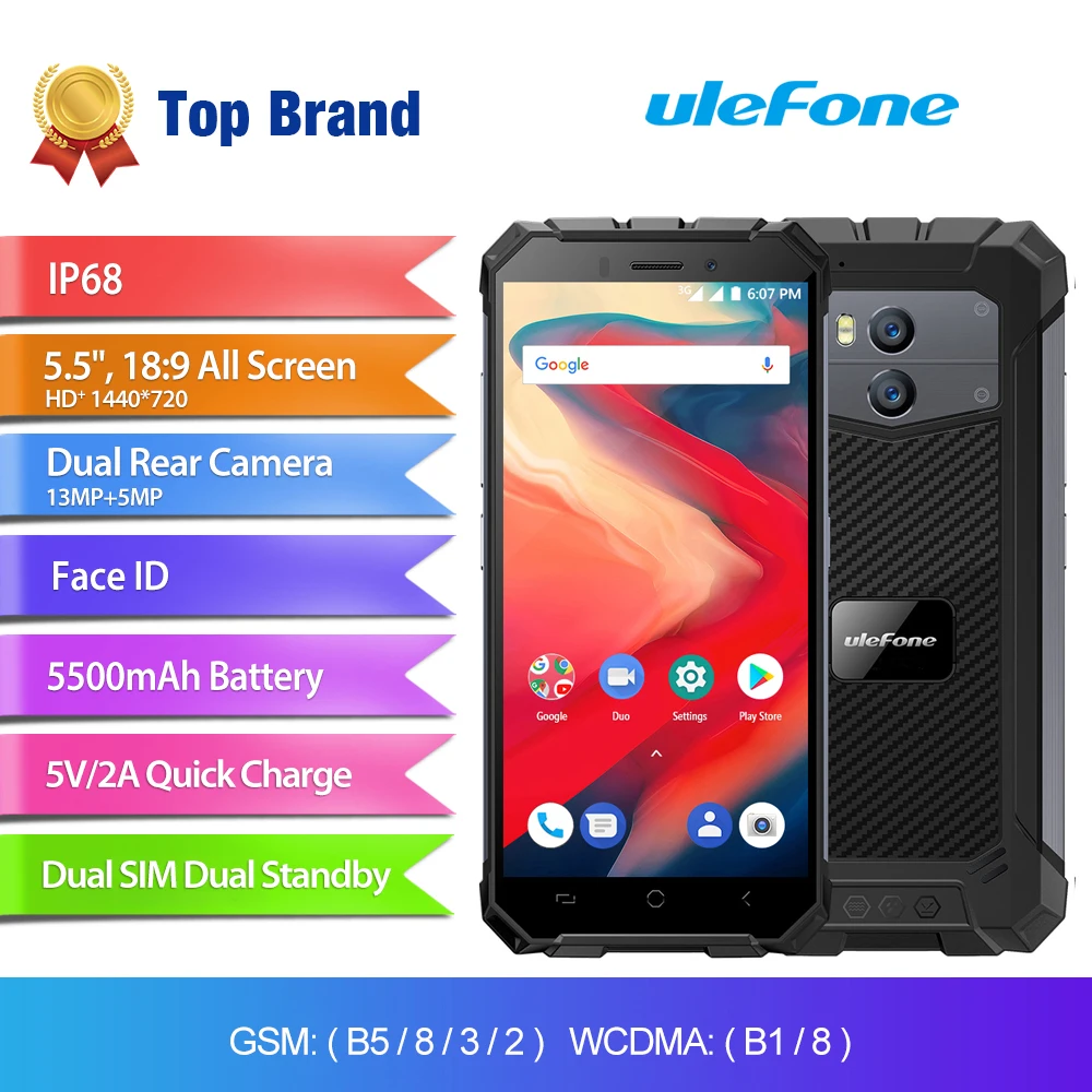 

Ulefone Armor X2 IP68 Waterproof Mobile Phone Android 8.1 5.5" HD Quad Core 2GB+16GB NFC Face ID 5500mAh Smartphone