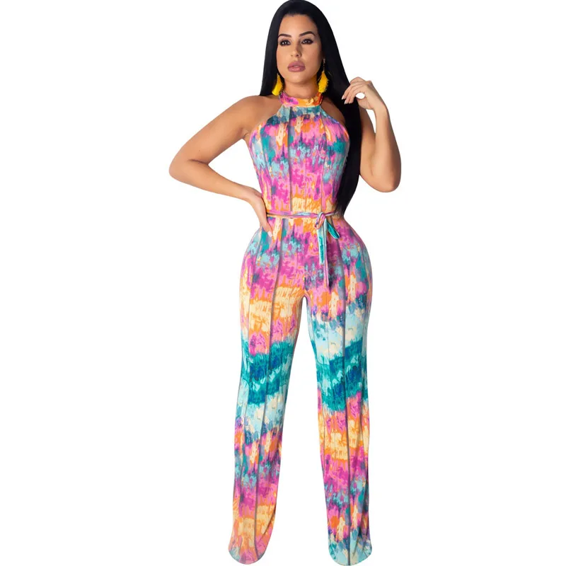 

Summer new women's printed jumpsuit fashion casual hot color sexy jumpsuit with belt