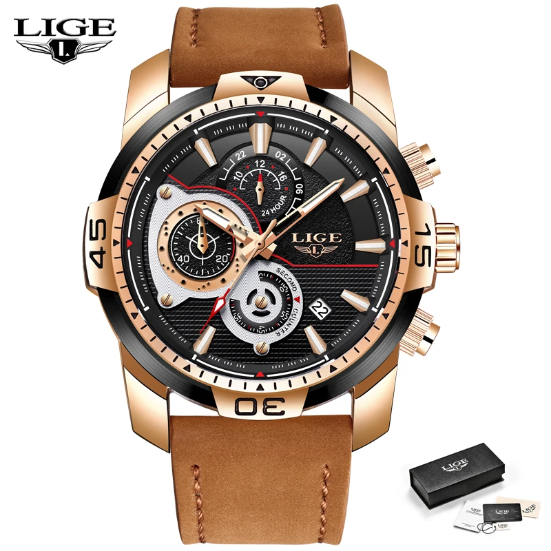 

LIGE Mens Watches Top Brand Luxury Casual Leather Quartz Clock Male Sport Waterproof Watch Gift Gold Watch Men Relogio Masculino