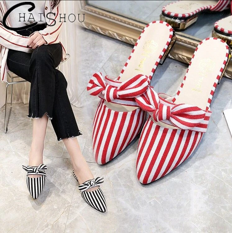 

Flat Women Mules Pointed Toe Colorblock Fashion Casual Flats Half slippers Low-heeled Women shoes Summer Flat sandals Women U170