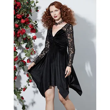 

Rosetic Victorian Harajuku Goth Sexy Slim Backless Asymmetrical Dress V Neck Autumn Hollow Out Vintage Lace Party Holiday Dress