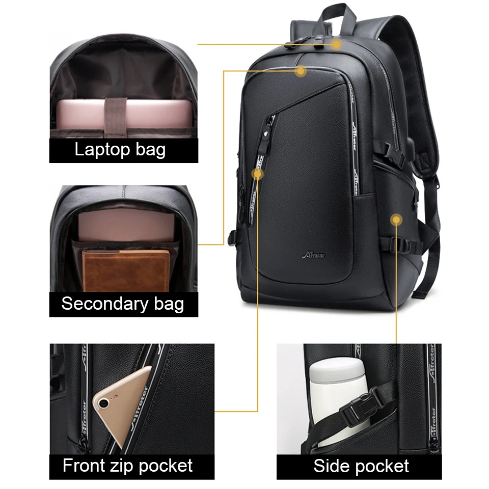 Кожаный мужской рюкзак для ноутбука s 15,6 дюймов, мужская сумка для ноутбука, водонепроницаемая мужская сумка с зарядкой через usb, черный умный модный мужской рюкзак