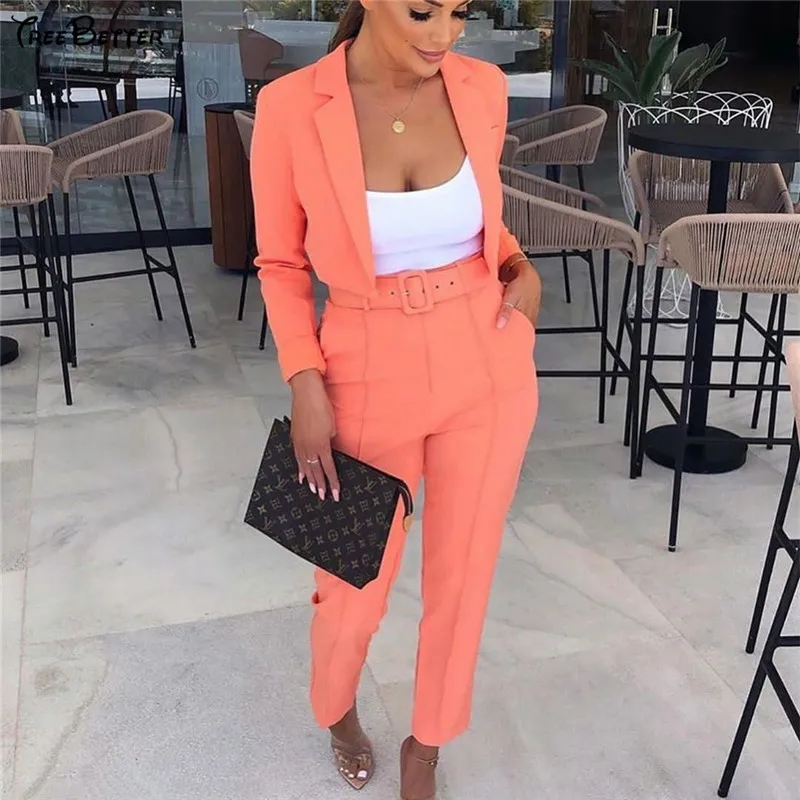 

Autumn OL Office High Waist Casual Women Blazer Top and Pants Set Long Sleeve Sashes Sexy Two Piece Set Solid Pockets Women Set