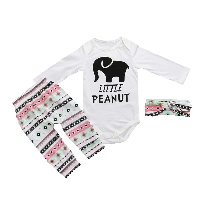 

Toddler Girl Boy Clothing Spring Spring Full Sleeve Elephant Bodysuits+Pant+Headband 3pcs Sets Cartoon Newborn Clothes