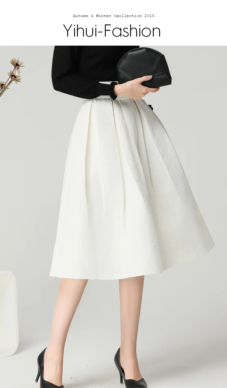 Женская белая плиссированная Осенняя юбка с цветочной вышивкой, высокая талия, трапециевидная юбка миди с карманами размера плюс 4XL, элегантные офисные юбки