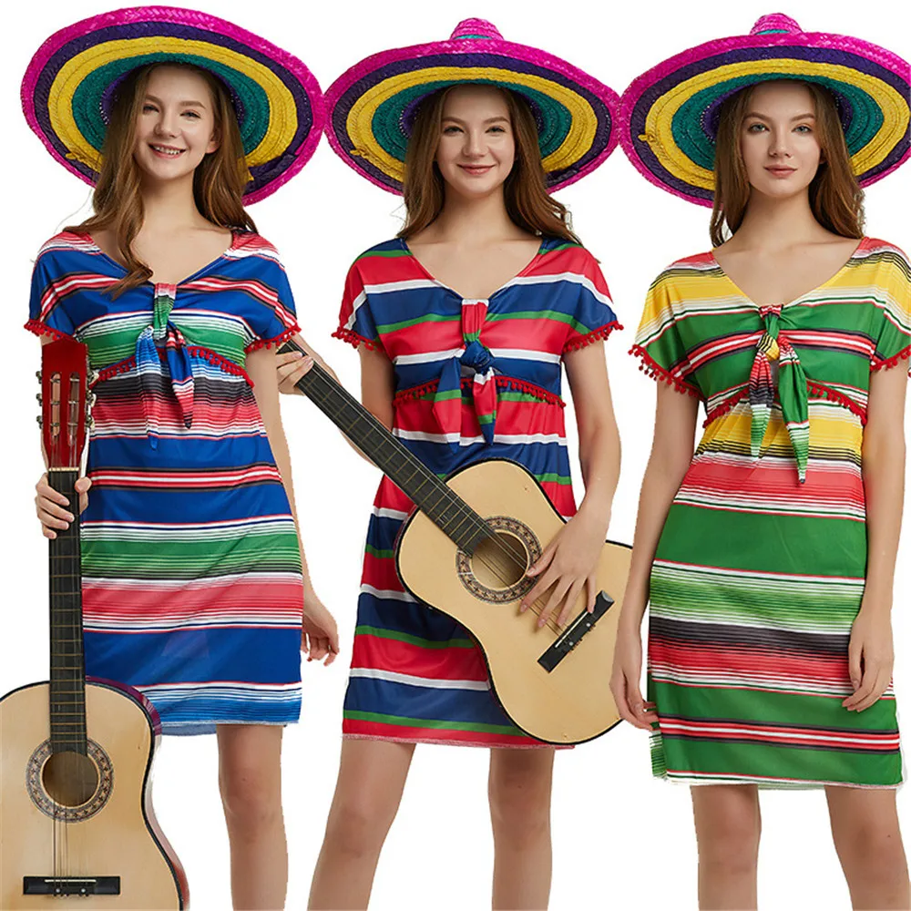 

Halloween Carnival Purim Party Rainbow Stripe Mexican Costume Masquerade Performs Adult Women Mexican Clothes Set