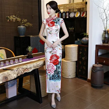 

Summer Beauty Long Silk Cheongsam Retro Improved Daily Cheongsam Dress Peony Print Pattern Vestidos De Festa Longo