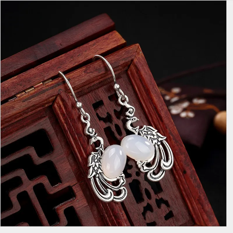 Uglyless Ethnic Thai Silver Peacock Earrings for Women Handmade Real Solid 925 Silver Phoenix Earrings Chalcedony Fine Jewelry