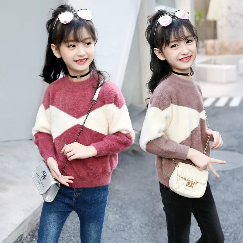 Teen Girl Sweater New Fashion Knit Thick O-neck Coat Contrasting Color Pullover Sweaters Cotton Knitwear Clothes 6 8 10 13Y