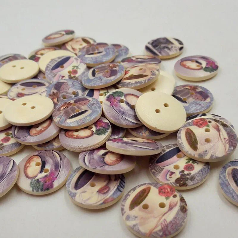 

50pcs 2 Holes Mixed Craft DIY Art Handmade Decorative Vintage Wooden Buttons Sewing Round Buttons 20mm Scrapbooking Accessories