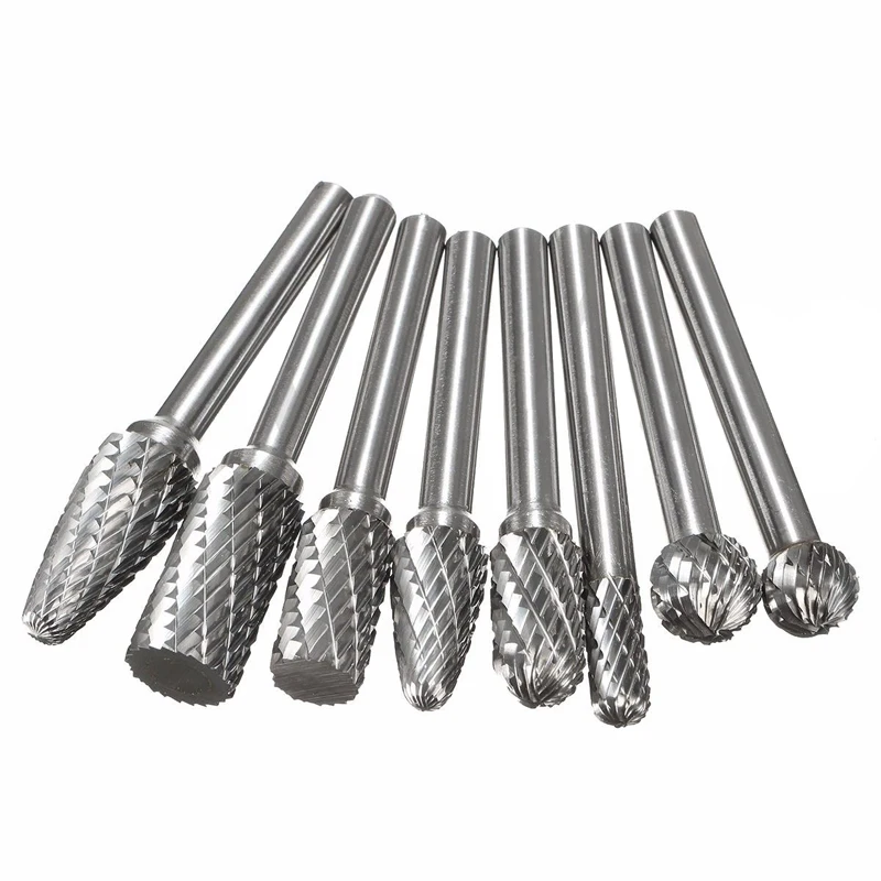 8PCS x 1/4'' Shank Double Cut Carbide Burr Die Grinding Rotary Bit Set W/Case