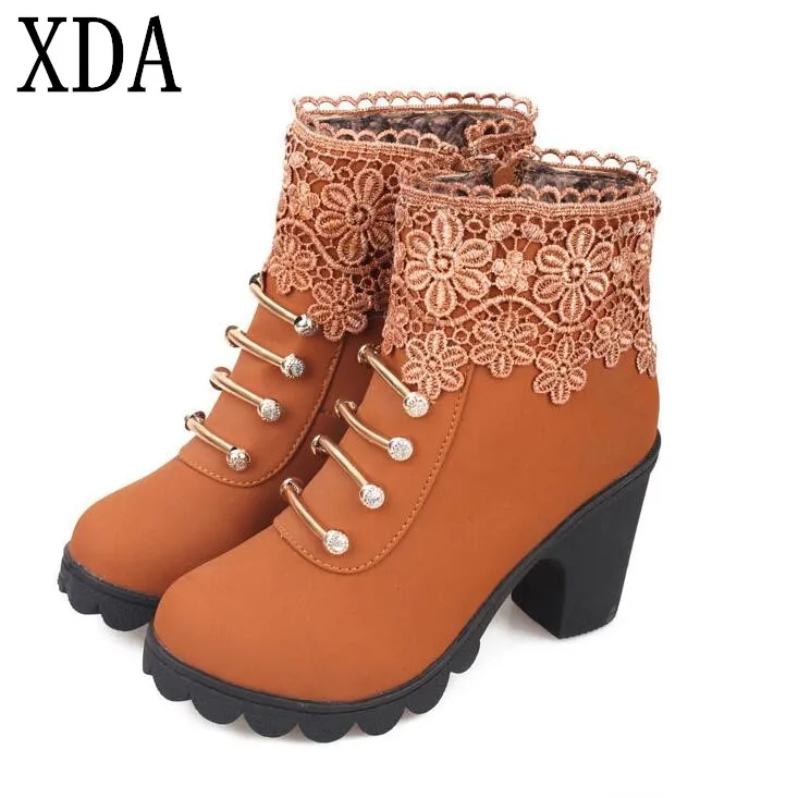 XDA New Autumn Winter Women Boots High Quality Solid Lace up European