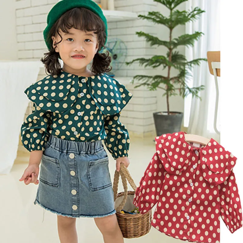 

Peter Pan Collar Girl Shirt Long Sleeve Toddler Kids Children's Tops Red Green Baby Cotton Autumn Casual Blouse School Shirts
