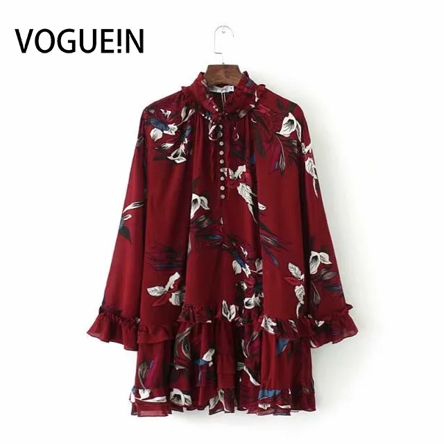 

VOGUEIN New Womens Vintage Burgundy Floral Print Ruffled Loose Mini Dress Wholesale