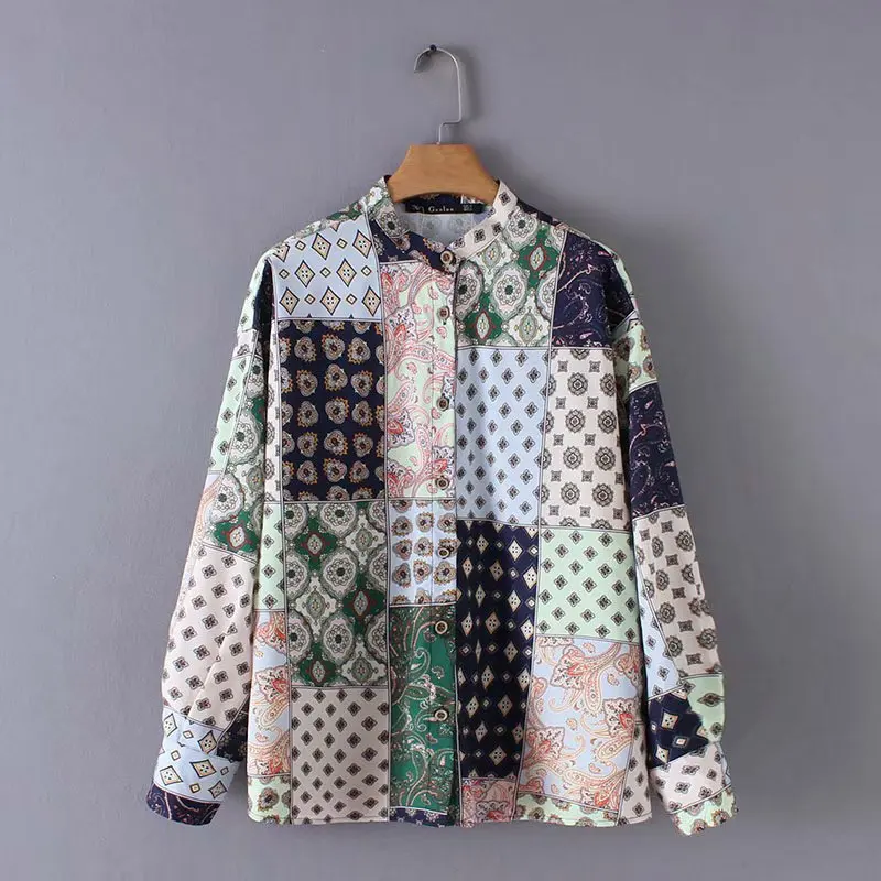 

2019 new women vintage cloth patchwork printing casual blouse shirt women long sleeve buttons blusas chic chemise tops LS3300