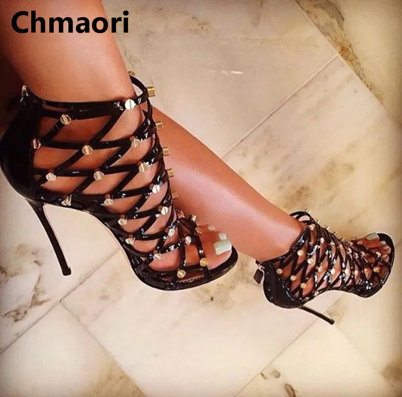

2018 Summer new arrival pure black Hollow mesh design pu leather with metal rivet decoration thin high heel ankle boots