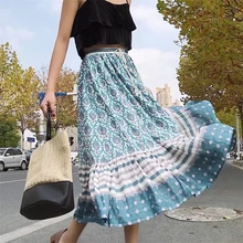 Большие качели длинная юбка в стиле бохо новые зеленые цветочные печати эластичная талия праздник шик богемные летние женские юбки пляжная одежда saia