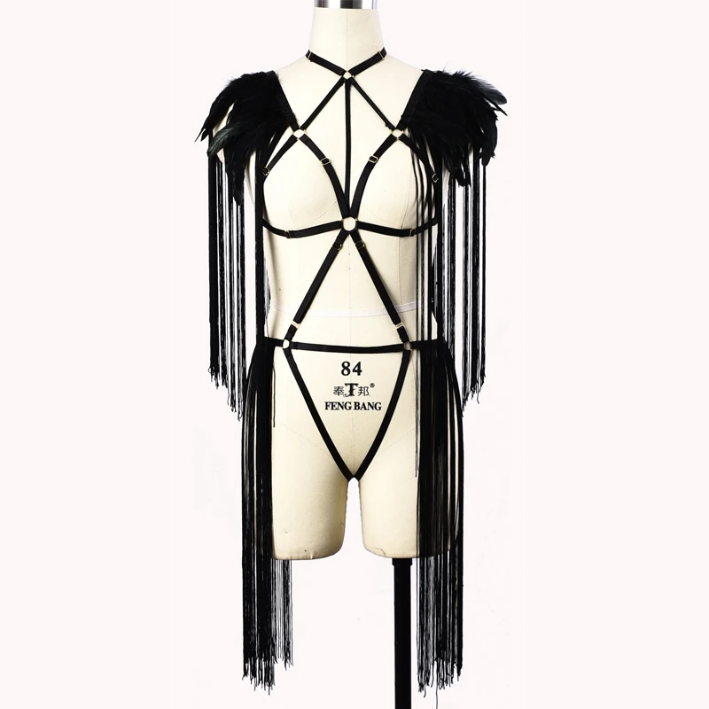 Набор из черного пера с кисточками и ремнем для танца Goth Rave Pole ремни нижнего
