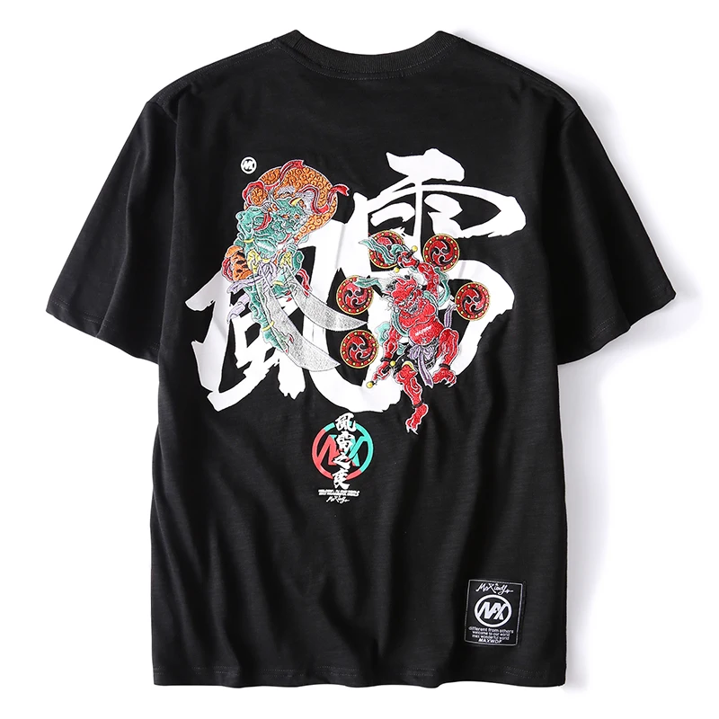 

HISTREX 100% Cotton Embroidery Japan Character 'Wind Thunder Harajuku 100% Cotton Men T Shirt Streetwear Fashion Hip Hop 340S8#