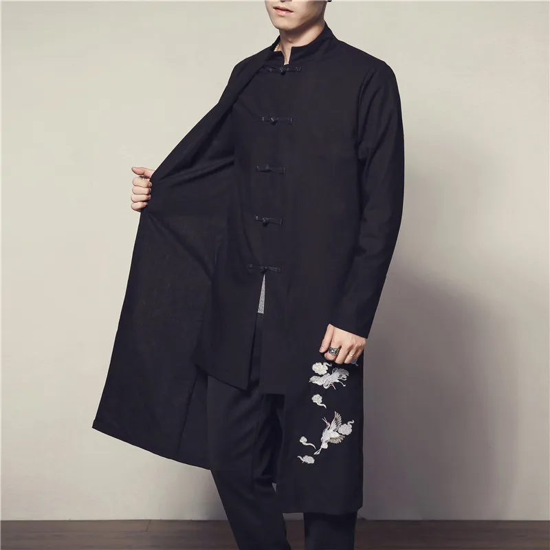  Chinese Retro Style Black men Long Coat Autumn New Single-breasted Embroidery Trench long jacket La