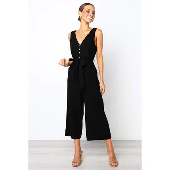 

Elegant Deep V Neck Jumpsuit Sleeveless Button Front Slash Self Belted Back V Romper Women Clothes 2020 Waist Summer Jumpsuits