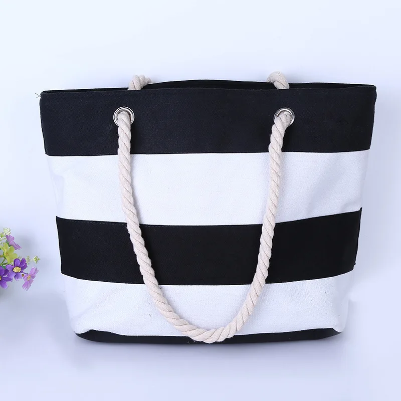 

Fashion Women Shoulder Bag Canvas Striped Splice Color Thick Rope Handle Zipped Handbag Lady Casual Bags Big Capacity OH66