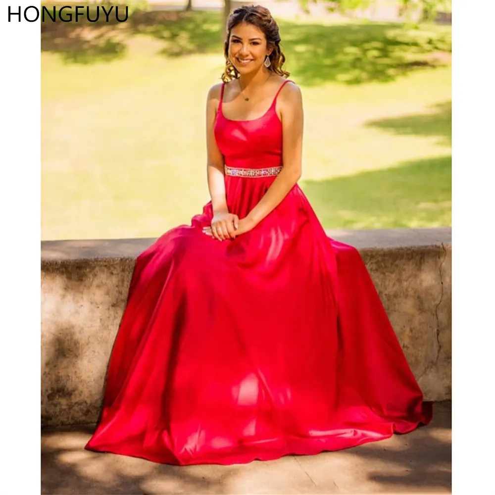 

HONGFUYU Red A Line Evening Prom Dresses Long Beaded Satin Scoop Neck Formal Wear Strappy Back Pockets Robe De Soiree Party Gown