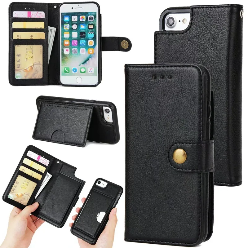 Detachable Wallet Card Holder 360 Protective Leather Phone Case For iPhone 7 7 Plus Flip Case With Stand Back Cover And Strap