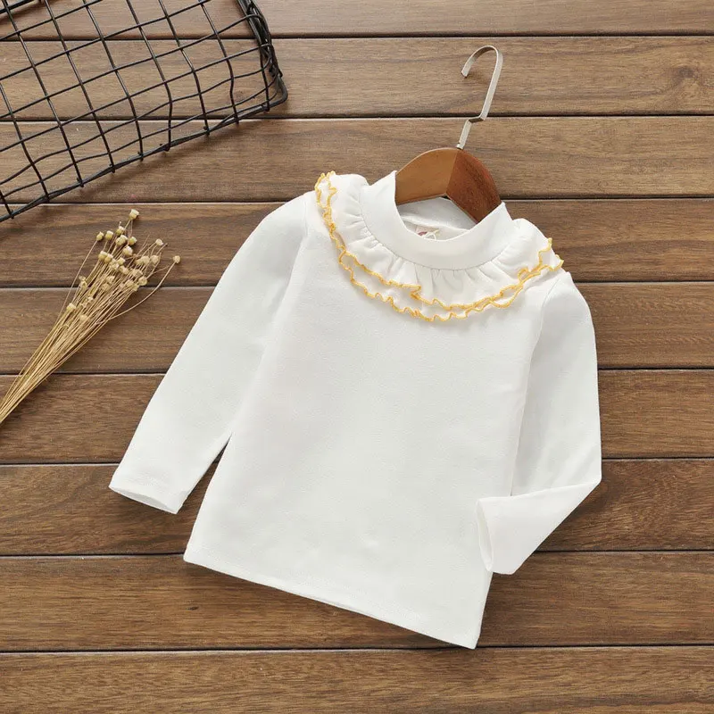 

Casual Children Clothes For Girls T-shirt Color Solid Kids Tops Spring Long Sleeve Girls t shirt Cotton O-neck Flower Lace