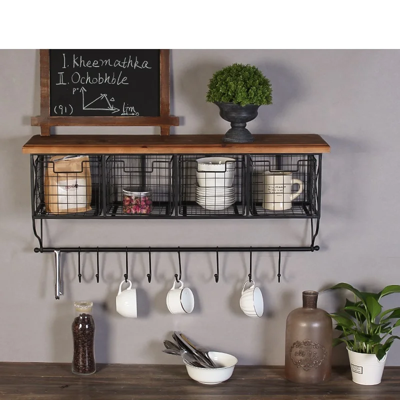 Стеллаж для хранения Irong американского ретро промышленного украшения стены решетки Стиля Деревянный с крюками