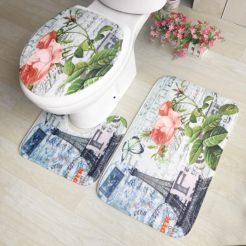 Zeegle Flower Pattern 3Pcs Bath Mat Set Non-slip Bathroom Floor Mats Toilet Rugs Lid Cover Absorbent Carpet | Дом и сад
