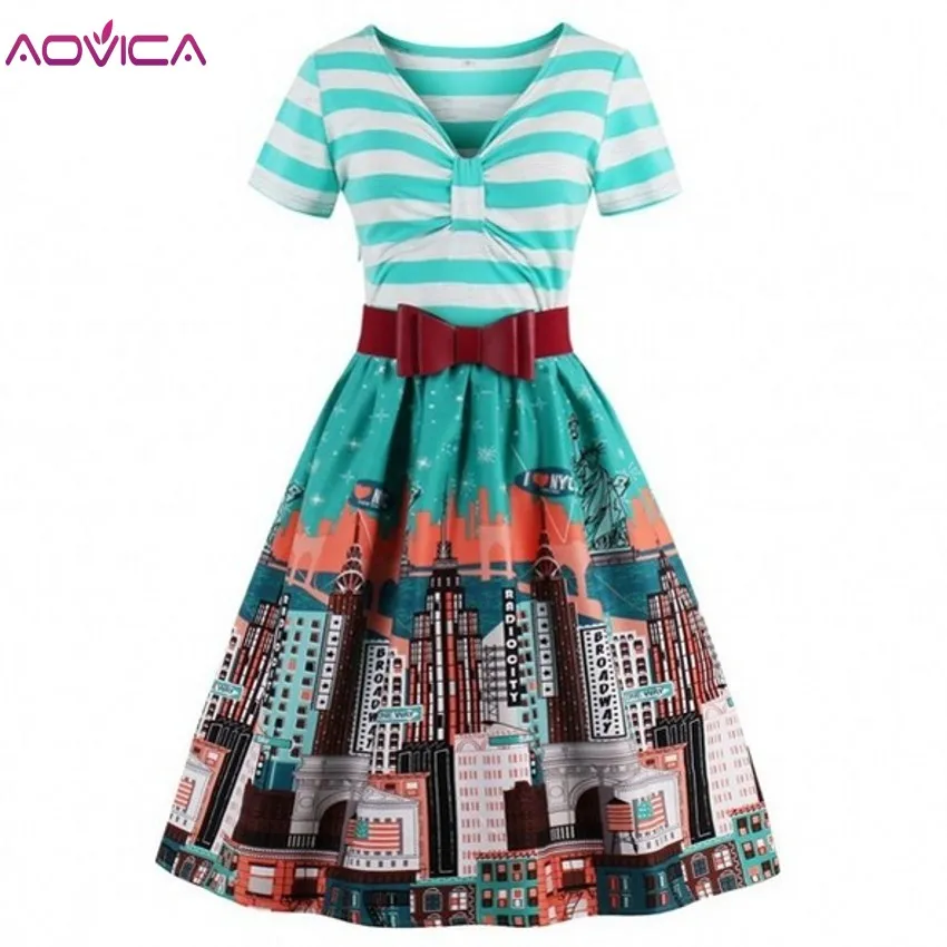 

Aovica Women Rockabilly Dress Retro Pin Up Hepburn V-neck Bow Ball Gown Tunic Swing Woman Dresses Female Vestidos 50s 60s Belt