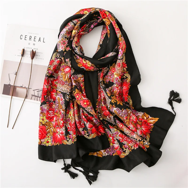 

2019 Women Spain Luxury Brand Richful Floral Viscose Scarf Hijab Wrap Tassel Shawl Headband Muslim Hijab Scarves/scarf 180*100Cm