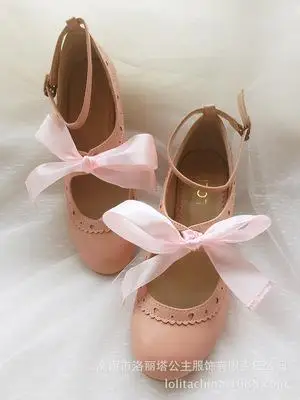 Женская обувь в стиле Лолиты; женские балетки с лентами для костюмированной вечеринки; тонкие туфли для девочек; туфли-лодочки на высоком каблуке с милым бантом; Size35-40 - Цвет: Розовый