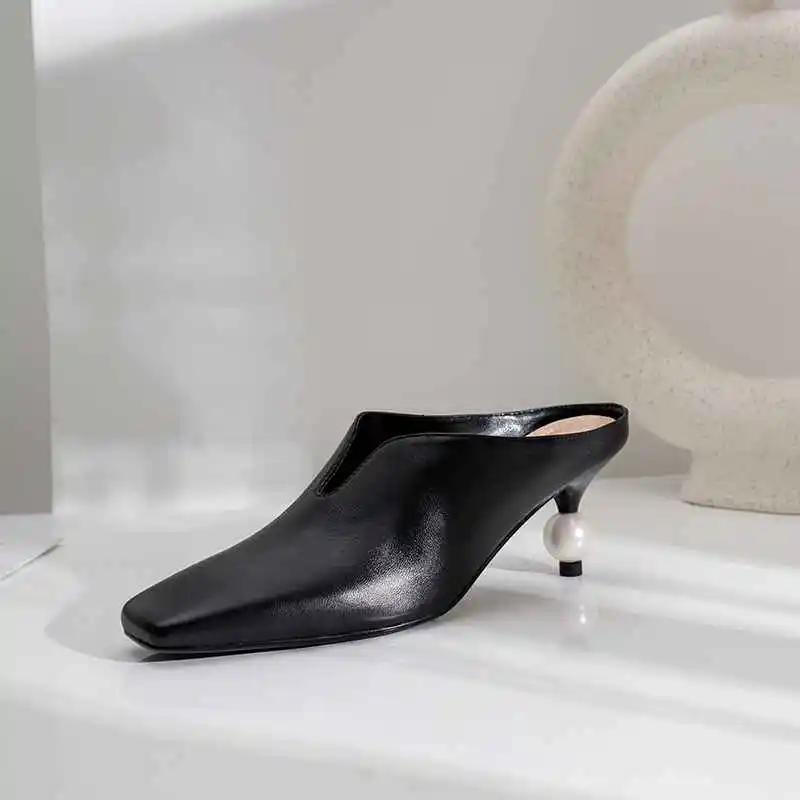 Krazing Pot/Роскошные женские туфли-лодочки из овечьей кожи на высоком каблуке с жемчужинами классические туфли без застежки с квадратным носком в европейском стиле; подиумная обувь; L89 - Цвет: Черный