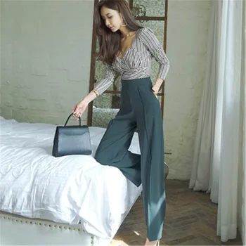 

Set 2018 autumn/winter new Korean style long-sleeved v-neck top + two pieces of wide-leg trousers for women with waist