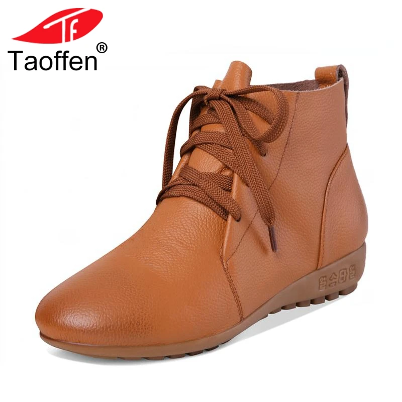 

TAOFFEN Women Ankle Boots Genuine Leather Warm Fur Motorcycle Short Boots Fashion Vintage Office Ladies Flats Shoes Size 34-44