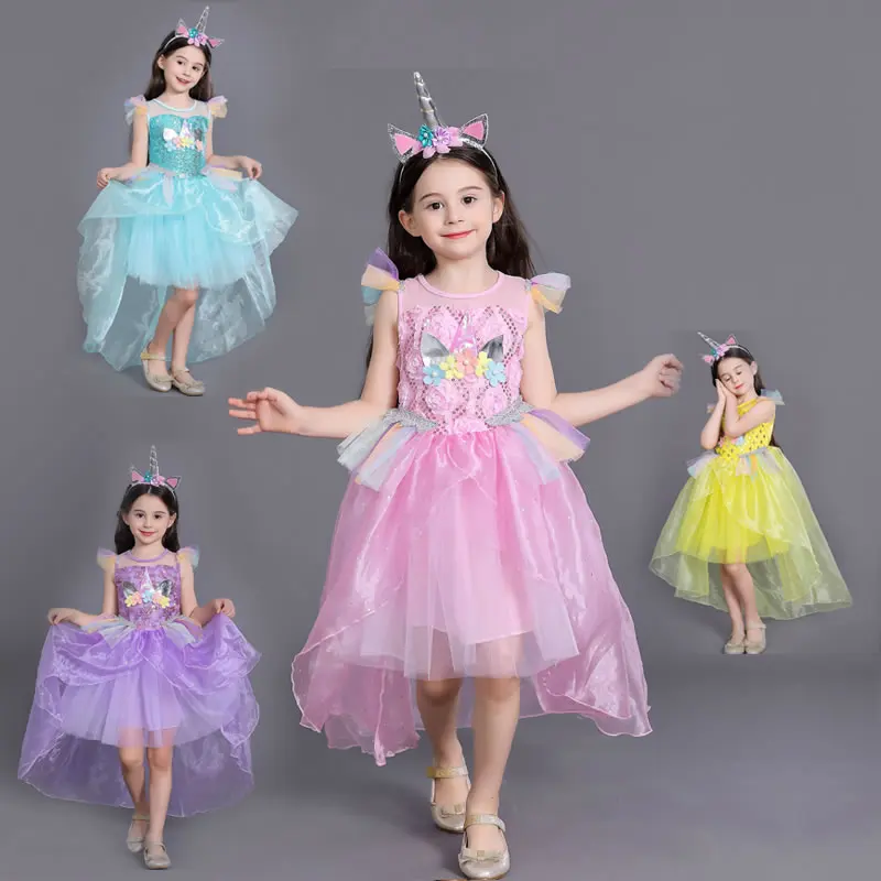 

Stylish Unicorn Cosplay Dress For Girl Rainbow Costume Carnival Child Fancy Sequin Floral Headband Party Frock Kid Pageant Elza