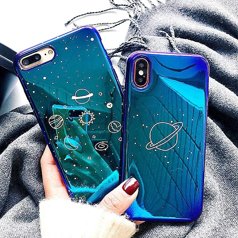 

Blu-Ray Universe Planet Case For iPhone 8 Case XS XR XS Max X 7 6 6S Plus Cartoon Moon Stars Sky Planet Glossy Phone Back Cover