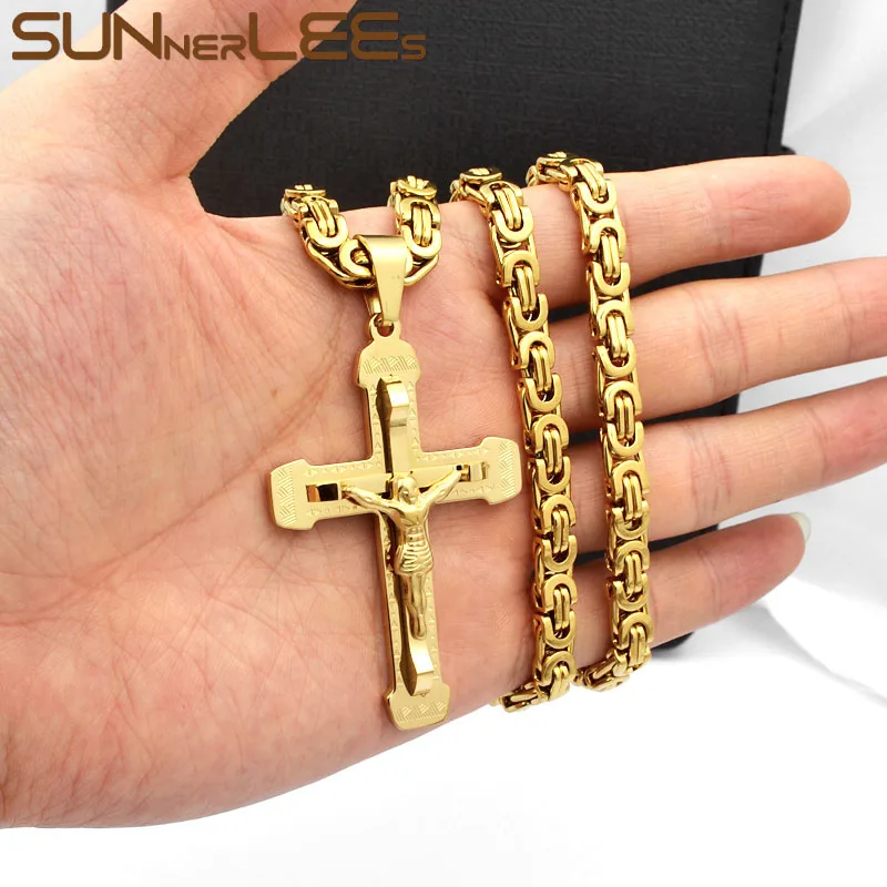 SUNNERLEES нержавеющая сталь Иисус Христос крест кулон ожерелье Византийская звено Цепочка Золото Серебро Цвет для мужчин подарок SP238