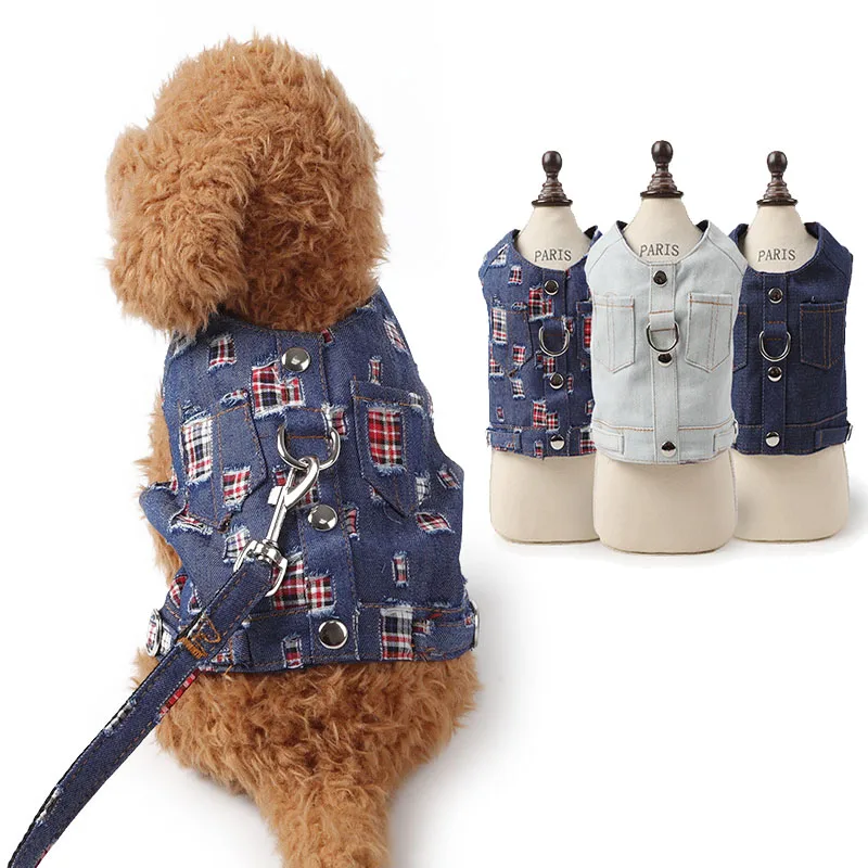 

Denim Harness for Cat Small Dog Step-in Adjustable Durable Jean Jacket Vest Harness with D-Ring No Pull Pet Puppy Lead Leash Set